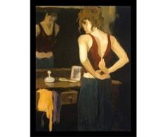 Buyartforless Gerahmtes Poster mit Aufschrift Little Number von Ed Martinez, 50,8 x 25,5 cm, abstrakte Figurative Frau mit rotem Hemd im Badezimmerspiegel, Braun