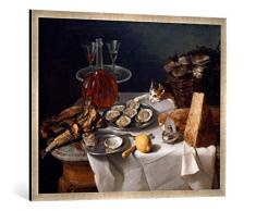 Gerahmtes Bild von Alexandre Francois Desportes Stilleben mit Katze, Kunstdruck im hochwertigen handgefertigten Bilder-Rahmen, 100x70 cm, Silber Raya