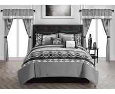 Chic Home Safforn-Bettwäsche-Set, 20-teilig, geometrisches Muster, Ikat, Bestickt, Bettlaken, Kissenbezüge, Fensterdekoration King schwarz