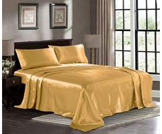 Satin-Bettwäsche – 1800 tiefes Taschen-Bettlaken-Set – luxuriöses, seidiges Mikrofaser-Spannbetttuch, Bettlaken, Kissenbezüge King gold