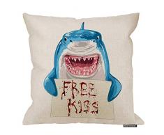 HGOD Designs Hai-Kissenbezug, lustiges Tier, blauer Hai hält blutfreies Kusszeichen, Baumwolle, Leinen, Polyester, Dekoration, Sofa, Schreibtisch, Stuhl, Schlafzimmer, 40,6 x 40,6 cm 18x18 Inch A4-0037