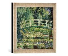 Gerahmtes Bild von Claude Monet Brücke in Monets Garten mit weißen Seerosen, Kunstdruck im hochwertigen handgefertigten Bilder-Rahmen, 30x30 cm, Silber Raya