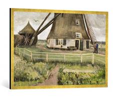Gerahmtes Bild von Vincent Van Gogh Die Laakmolen bei Den HAAG - Die Windmühle, Kunstdruck im hochwertigen handgefertigten Bilder-Rahmen, 100x70 cm, Gold Raya