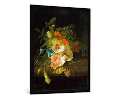 Gerahmtes Bild von Rachel Ruysch Blumenstilleben mit Schmetterlingen auf Einer Steinbank, Kunstdruck im hochwertigen handgefertigten Bilder-Rahmen, 70x100 cm, Schwarz matt