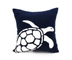 KainKain Kissenbezug, Meeresschildkröte, dekorativ, nautischer Ozean, Tier-Kissenbezug, Marineblau, Baumwolle, Leinen, Kissenbezug, Stickerei, Strandhaus-Dekor Landhausstil 16 inch x 16 inch Marineblau, Weiß