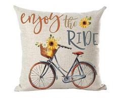 ramirar handbemalte Tinte Ölgemälde Aquarell Blau Fahrrad Fahrrad Sonnenblumen Enjoy The Ride Dekorativer Überwurf Kissen Kissen Home Wohnzimmer Bett Sofa Auto Baumwolle Leinen quadratisch 45,7 x 45,7 cm