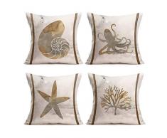 Smilyard 4 Stück Retro Sea Theme Überwurf Kissenbezug Baumwolle Leinen Golden Conch Octopus Seestern Koralle Print Dekorative Kissenbezug Küstenland-Kissenbezug für Couch 45,7 x 45,7 cm 18 X 18 Sea Set