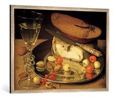 Gerahmtes Bild von Georg Flegel Stilleben mit Käse und Kirschen, Kunstdruck im hochwertigen handgefertigten Bilder-Rahmen, 100x70 cm, Silber Raya