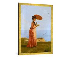 Gerahmtes Bild von Valentine Cameron Prinsep Frau mit Sonnenschirm am Strand der Insel Wight, ein Buch lesend - Emily Prinsep, Kunstdruck im hochwertigen handgefertigten Bilder-Rahmen, 100x70 cm, Gold Raya