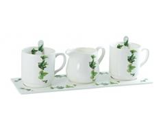 Die Cija Ivy Set 2 Tassen, Milchkännchen und Löffel mit Tablett, Porzellan weiß