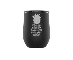 Stainless Steel Camping & Travel Powder Coated Wine Glass Tumbler with Splash Proof Lid, Triple Wall Vacuum Insulated, Mug Coffee Cup|Travel, Camping, Work|Hot Cold Drinks (Black, Pineapples)