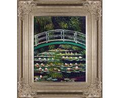 La Pastiche 1899 Ölgemälde, Motiv: weiße Seerosen und japanische Brücke, 45,7 x 50,8 cm, Renaissance Champagnerrahmen