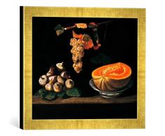 Gerahmtes Bild von Baltazar Gomes Figueira Stilleben mit Feigen, Weintraube und Melone, Kunstdruck im hochwertigen handgefertigten Bilder-Rahmen, 40x30 cm, Gold Raya