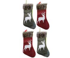 Happy Packs Weihnachtsstrümpfe aus Jute, gewebt, Rot und Grün, mit Rentier-Applikation und braunem Kunstfell-Manschette für Urlaub, Weihnachten, Party, Familie, Dekoration, 4 Stück Rentiere