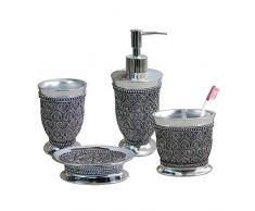 nu steel Badezimmerzubehör-Set aus Kunstharz mit Perlen, für Waschtisch-Arbeitsflächen, 4-teiliges Set inklusive Schale, Zahnbürstenhalter, Becher, Seife und Lotionspumpe, Chrom/Silber