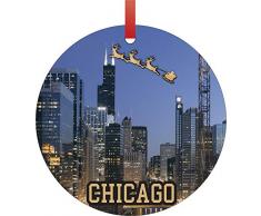 Lea Elliot Inc. Weihnachtsbaumschmuck mit Weihnachtsmann und Schlitten auf dem (Sears) Willis Tower Chicago Illinois rund, flach, Aluminium, halbverlustfrei