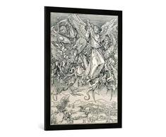 Gerahmtes Bild von Albrecht Dürer Kampf des HL. Michael mit dem Drachen aus Apokalypse, 1498, Kunstdruck im hochwertigen handgefertigten Bilder-Rahmen, 60x80 cm, Schwarz matt