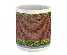 Lunarable Brick Wall Tasse, Ziegelwand mit Creeper Pflanzen und Blättern, Naturschönheitsmuster, Bedruckte Keramik, Kaffeetasse, Wasser, Tee, Getränke, Fliesen, Rot, Grün, Weiß