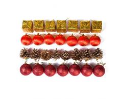 Xena 28 Stück Elegante Moderne rot-goldene Weihnachtskugeln Ornamente Sortimentsgeschenk Weihnachtsbaum-Dekoration Geschenk Trommel Schnee Tannenzapfen Wintermotiv 5,1 x 5,1 cm