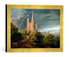 Gerahmtes Bild von Karl Friedrich Schinkel Mittelalterliche Stadt an einem Fluß, Kunstdruck im hochwertigen handgefertigten Bilder-Rahmen, 40x30 cm, Gold Raya