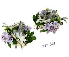 Teelichthalter / Windlicht mit Blüten, Kerzenhalter, Holz-Tischdeko mit Holz- und Blumen, Dekokranz, Kerzenhalter, Frühlingskranz, Teelichtkranz, Teelicht, Deko, Frühjahrsdeko, Osterdeko, 2er Set