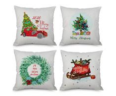 Xhonp 2020 Merry Christmas Kranz Überwurf Kissenbezug Weihnachtsbaum Rot Truck Schlitten Kissenbezug für Sofa Couch 45,7 x 45,7 cm Baumwolle Leinen, 4er Set 18 * 18 inch 1