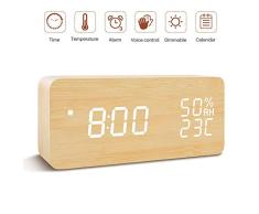 Wecker für Schlafzimmer, wiederaufladbar, Holz LED Digital, Tischuhr, für Kinder, Geburtstagsgeschenk, Anzeige der Zeit, Luftfeuchtigkeit, einstellbare Helligkeit, 3 Set von Wecker und Sprachsteuerung gelb