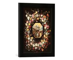Gerahmtes Bild von Jan Brueghel der Jüngere Himmelfahrt Mariä in einem Blumenkranz, Kunstdruck im hochwertigen handgefertigten Bilder-Rahmen, 30x40 cm, Schwarz matt