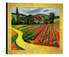 Gerahmtes Bild von August Macke Landschaft mit Kirche und Weg, Kunstdruck im hochwertigen handgefertigten Bilder-Rahmen, 40x30 cm, Gold Raya