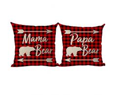 ramirar 2er-Set Merry Christmas Vatertag Muttertag Papa Mama Bär Pfeil Weinrot Gitter Überwurf Kissen Home Wohnzimmer Bett Sofa Auto Kunstbaumwolle Leinen quadratisch 45,7 x 45,7 cm