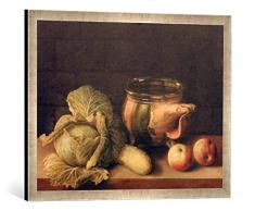 Gerahmtes Bild von Sebastian Stosskopf Stilleben mit Kohl und Tontopf, Kunstdruck im hochwertigen handgefertigten Bilder-Rahmen, 70x50 cm, Silber Raya