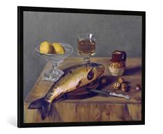 Gerahmtes Bild von Otto Scholderer Stilleben mit Zitronen auf einer Glasschale, Fisch, Walnüssen, Weinglas und Weinkrug, Kunstdruck im hochwertigen handgefertigten Bilder-Rahmen, 100x70 cm, Schwarz matt