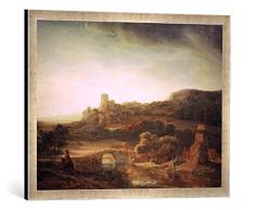 Gerahmtes Bild von Harmensz Van Rijn Rembrandt Flußlandschaft mit Windmühle, Kunstdruck im hochwertigen handgefertigten Bilder-Rahmen, 70x50 cm, Silber Raya