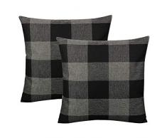 VAKADO Farmhouse Buffalo Plaids Dekorative Überwurf-Kissenbezüge Retro Karomuster Baumwolle Leinen Quadratische Kissenbezüge Home Decor für Sofa Couch 18x18 Set von 2 Stück, Beige Weiß, Baumwoll-Leinen, Plaids-schwarz & grau, 2 pieces, 20x20