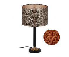 Relaxdays Tischlampe mit Schirm, abstraktes Muster, E27 Nachttischlampe, Stoff & Metall, HxD: 42 x 23,5cm, schwarz-Gold