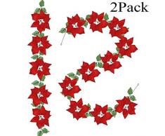 LSKY Weihnachtsgirlande, Weihnachtsstern, Weihnachtsdekoration, roter Weihnachtsstern mit Stechpalmenblättern und roten Beeren, für Weihnachten, Party, Urlaub, Haustür, Kranz, Dekoration, 2 Stück