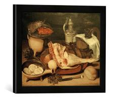 Gerahmtes Bild von Georg Flegel Stilleben mit Kalbskeule, Kunstdruck im hochwertigen handgefertigten Bilder-Rahmen, 40x30 cm, Schwarz matt