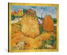 Gerahmtes Bild von Vincent Van Gogh Heuschober in der Provence, Kunstdruck im hochwertigen handgefertigten Bilder-Rahmen, 70x50 cm, Gold Raya
