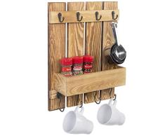 MyGift Wandregal mit 8 Haken, Dunkelbraun gebranntes Holz, Küchenzubehör