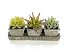 MyGift Set von 3 Natürliches Gemischt Künstliche Sukkulenten in Country rustikal aus Holz Töpfe Eckig & Display Tablett
