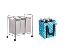 AmazonBasics - Wäschesortierer mit 3 Taschen & Flaschentasche, 9 Fächer, 1,5 l Flaschen, Blau