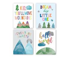 HPNIUB Aquarell inspirierende positive Zitate Kunstdrucke Set von 4 20,3 x 25,4 cm Adorable abstrakte geometrische Gemälde Berge, Bäume und Sonnenaufgang Leinwandposter für Geschenke Kinderzimmer Klassenzimmer Deko, ohne Rahmen