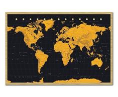 Weltkarte in schwarz & Gold Poster Magnettafel Buchenholz-Rahmen, 96,5Â x 66Â cm (ca. 96,5Â x 66Â cm)