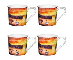 Kitchen Craft AMZKCMFLT02SET4 Strandhütten Design Aquarell Stil von Bedruckte Tassen in Flötenform, 300 ml, Porzellan, mehrfarbig, 8,5 x 11,8 x 8 cm, 4-Einheiten