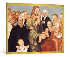 Gerahmtes Bild von Lucas Cranach der Jüngere Christus segnet die Kinder, Kunstdruck im hochwertigen handgefertigten Bilder-Rahmen, 100x70 cm, Gold Raya