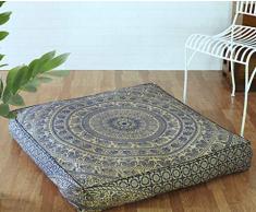 Populäre Handwerk Großer Hippie Elefant Mandala Bodenkissenbezug – Kissenbezug – Pouf Überzug rund Bohemian Yoga Decor Bodenkissenhülle 35x 35 Pillow Cover Blue Gold