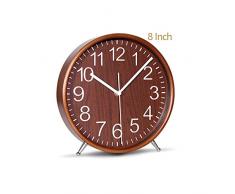 KAMEISHI 20,3 cm Holz Schreibtisch Tisch Uhren batteriebetrieben geräuschlos Silent Sweep Zweite Runde Quarz Leise Küche Wanduhr Zum Aufhängen Leicht zu Lesen Color D: Brown-8