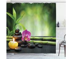 Ambesonne Spa-Duschvorhang Orchidee Bambusstämme Chakra-Steine Japanische Alternative mit Feng Shui Elementen, Stoff Badezimmerdeko-Set mit Haken, 84 Zoll extra lang, Apfelgrün Fuchsia