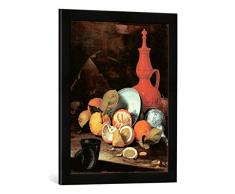Gerahmtes Bild von Cristoforo Munari Stilleben mit Zitrusfrüchten und Porzellan, Kunstdruck im hochwertigen handgefertigten Bilder-Rahmen, 40x60 cm, Schwarz matt
