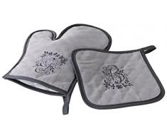 Charme und Douceur Ofenhandschuh + Topflappen 19 x 28 cm/18 x 18 cm gesticktem Glück, Polyester, Taupe/anthrazit, 28 x 20 cm